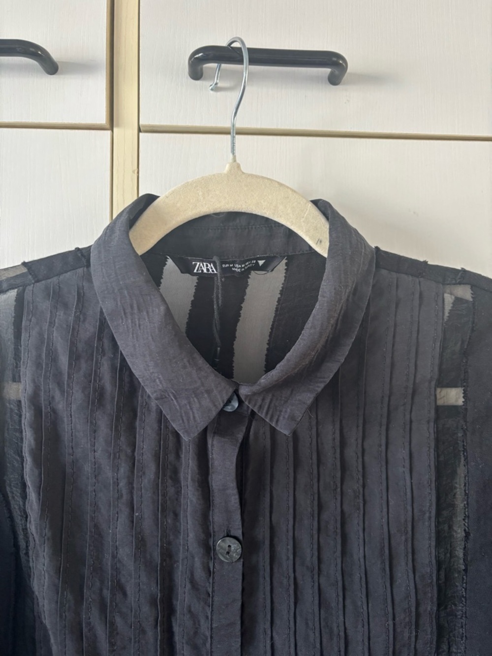 Zara Black Sheer Pleated Button-Up Blouse Gothic Whimsigoth Medium Minimalist - Picture 5 of 14